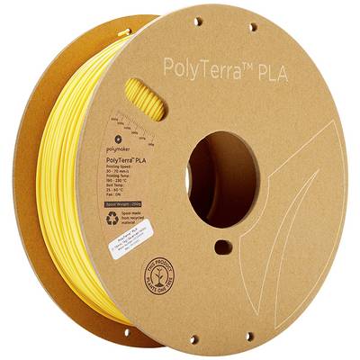 Rumena 3D-tiskovna tuljava iz PLA materiala, znamke 'PolyTerra'. Tuljava iz recikliranega materiala, biorazgradljiva, primerna za temperature 190-230°C.