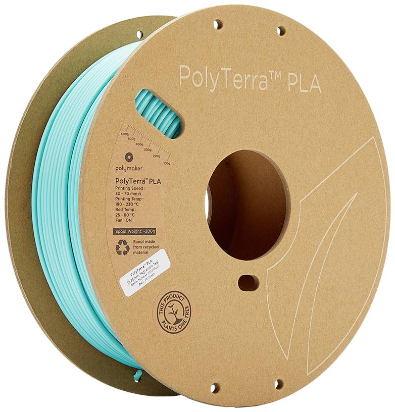 'Kolut iz turkiznega PolyTerra PLA-filamenta podjetja Polymaker, trajnostni 3D-tiskalni material. Embalaža iz recikliranega kartona.'