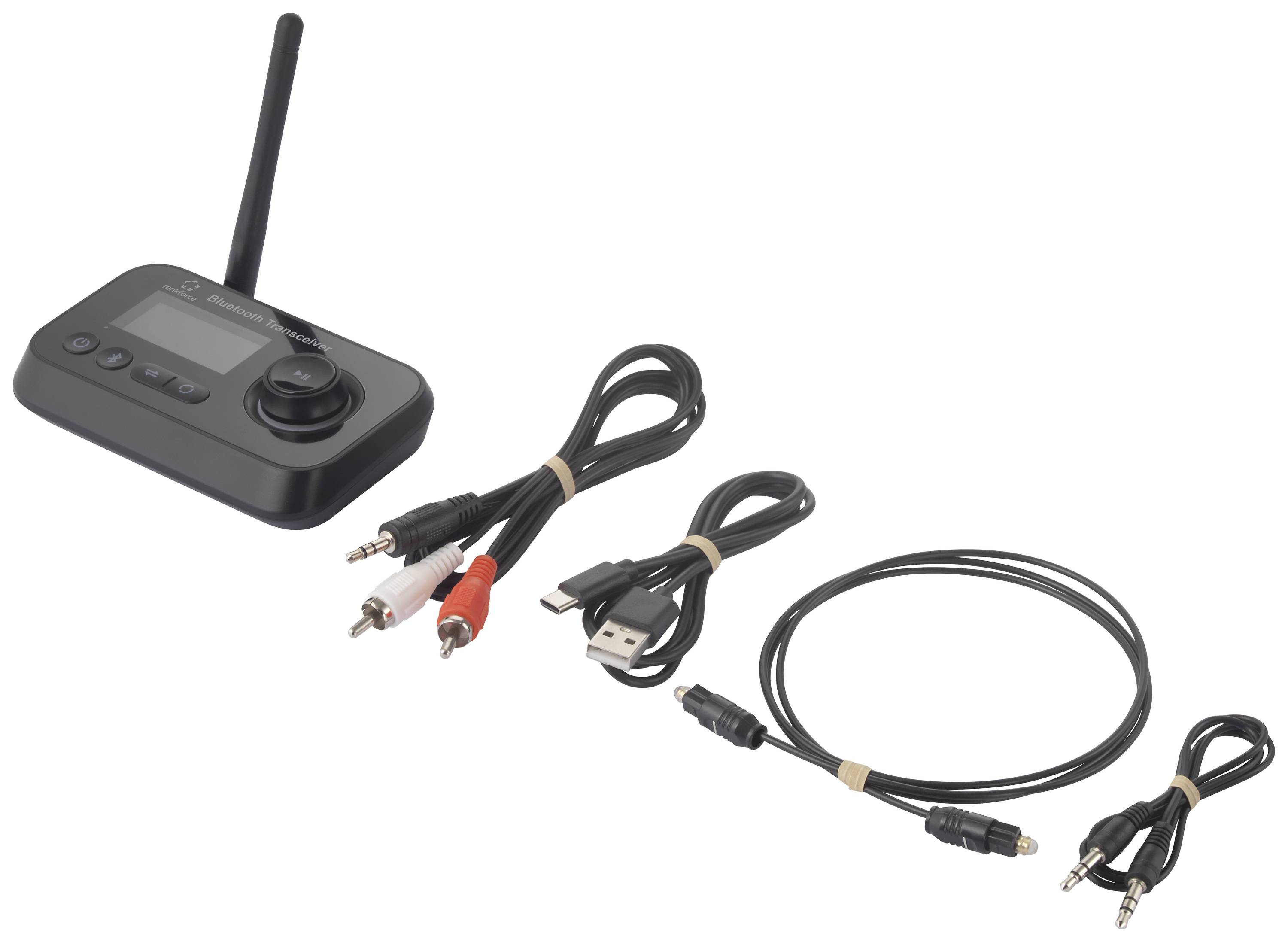 Črn Bluetooth oddajnik z zaslonom in petimi priključnimi kabli; med njimi RCA-, USB- in audio kabli.
