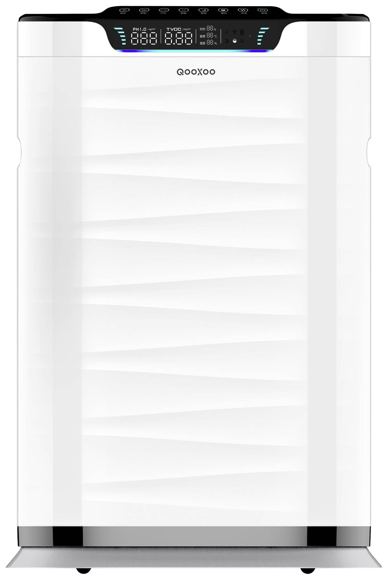 Bel čistilec zraka z digitalnim zaslonom na vrhu, ki prikazuje načine delovanja in kakovost zraka.