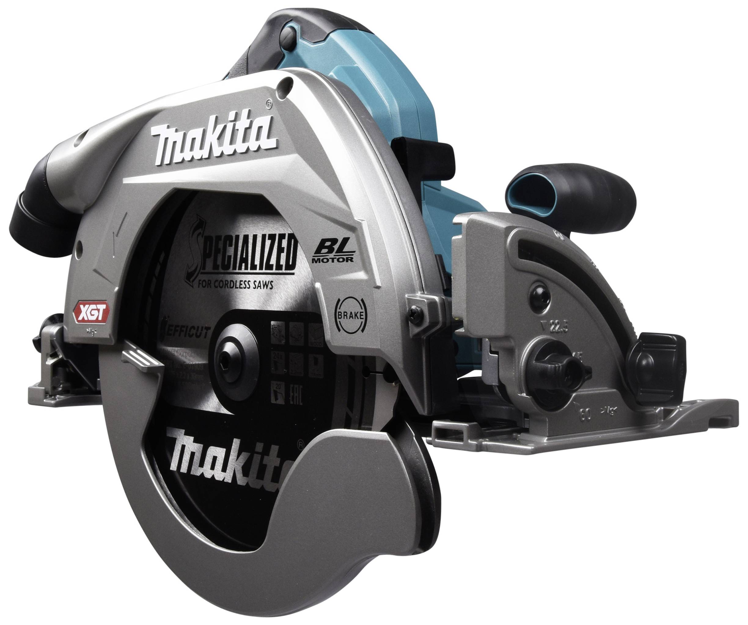 Srebrna in črna krožna žaga z modrim ročajem, kjer je blagovna znamka jasno vidna. Žaga je brezžična in deluje na elektriko.