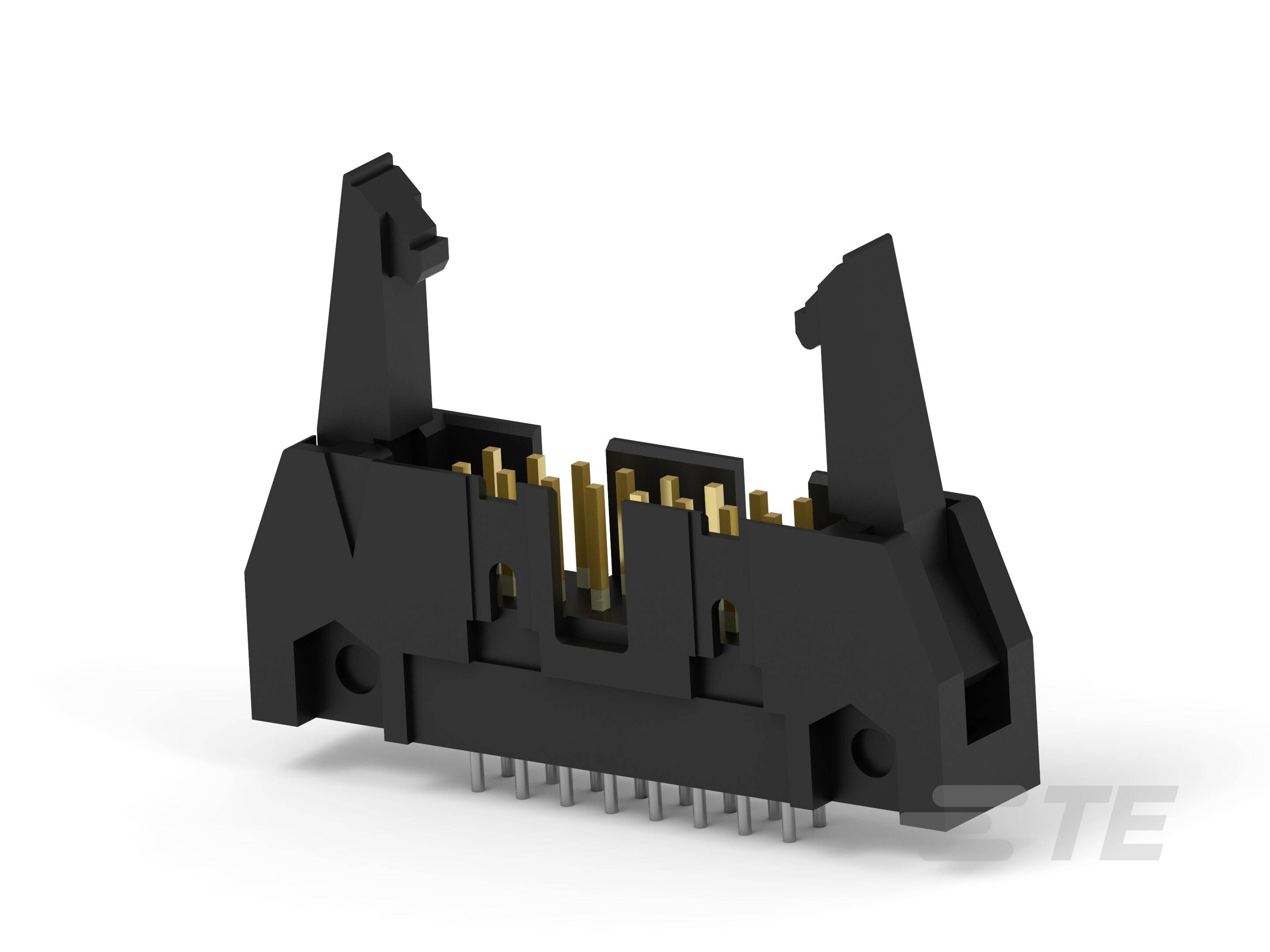 Črno-zlat električni priključek z več čepi in stranskimi sponkami za pritrditev, na beli podlagi.