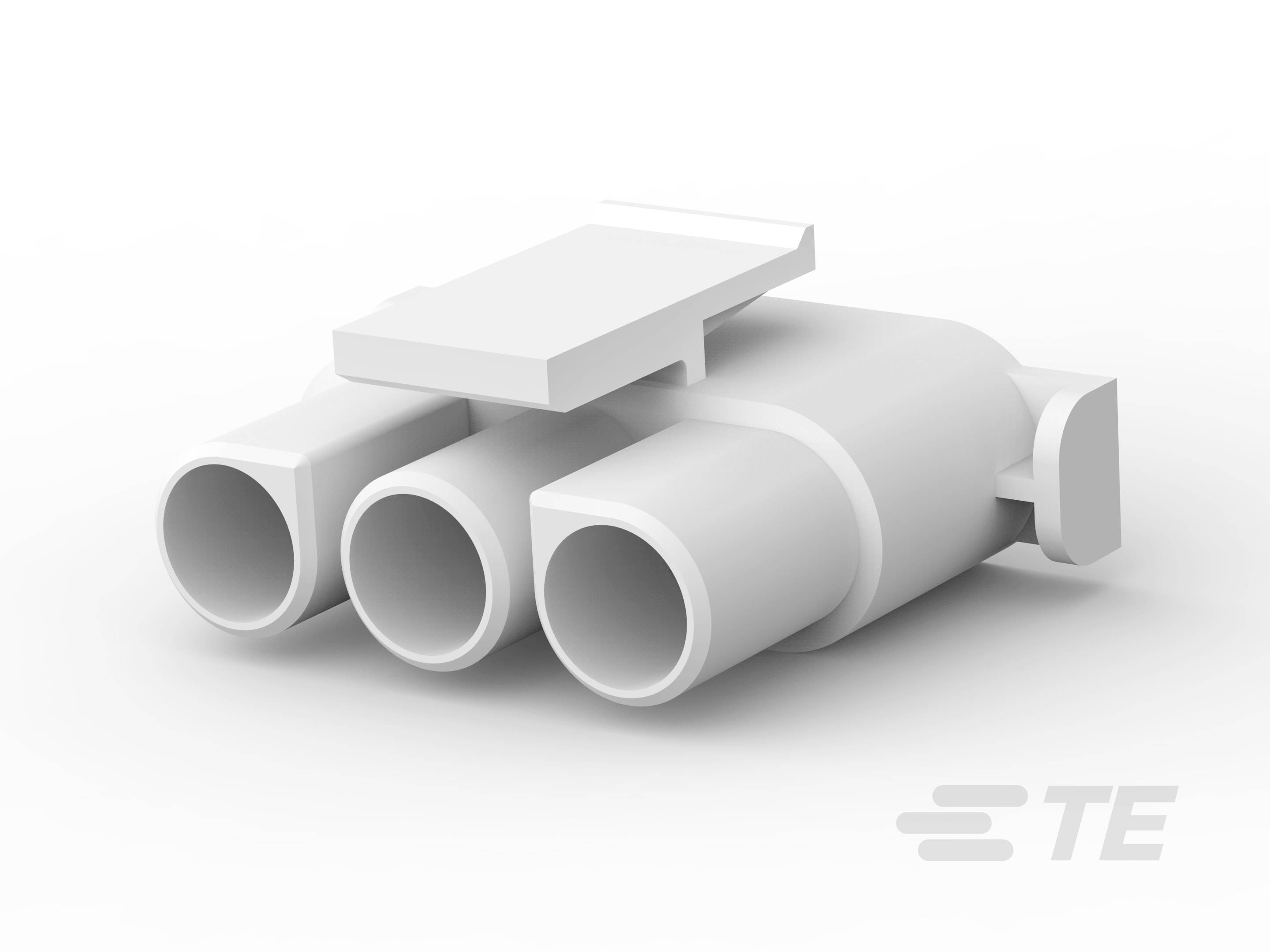 Trojna bela cevna struktura leži na površini. Spodaj desno je logotip TE. Oblika je tehnična in funkcionalna.