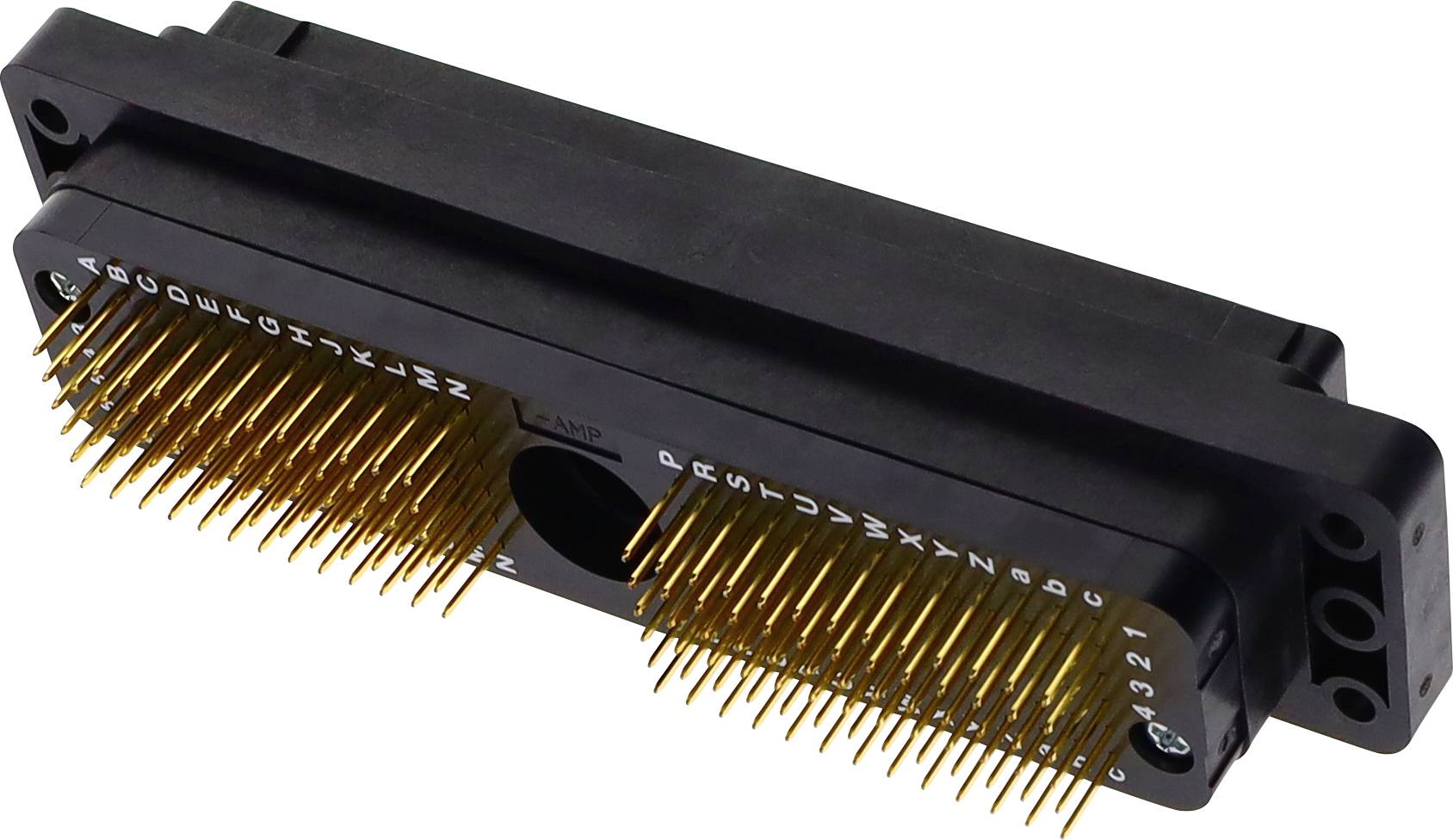 Črni elektronski priključek z številnimi zlatimi kontakti, ki štrlijo vzdolž ene strani, namenjen za povezovanje elektronskih komponent ali naprav.