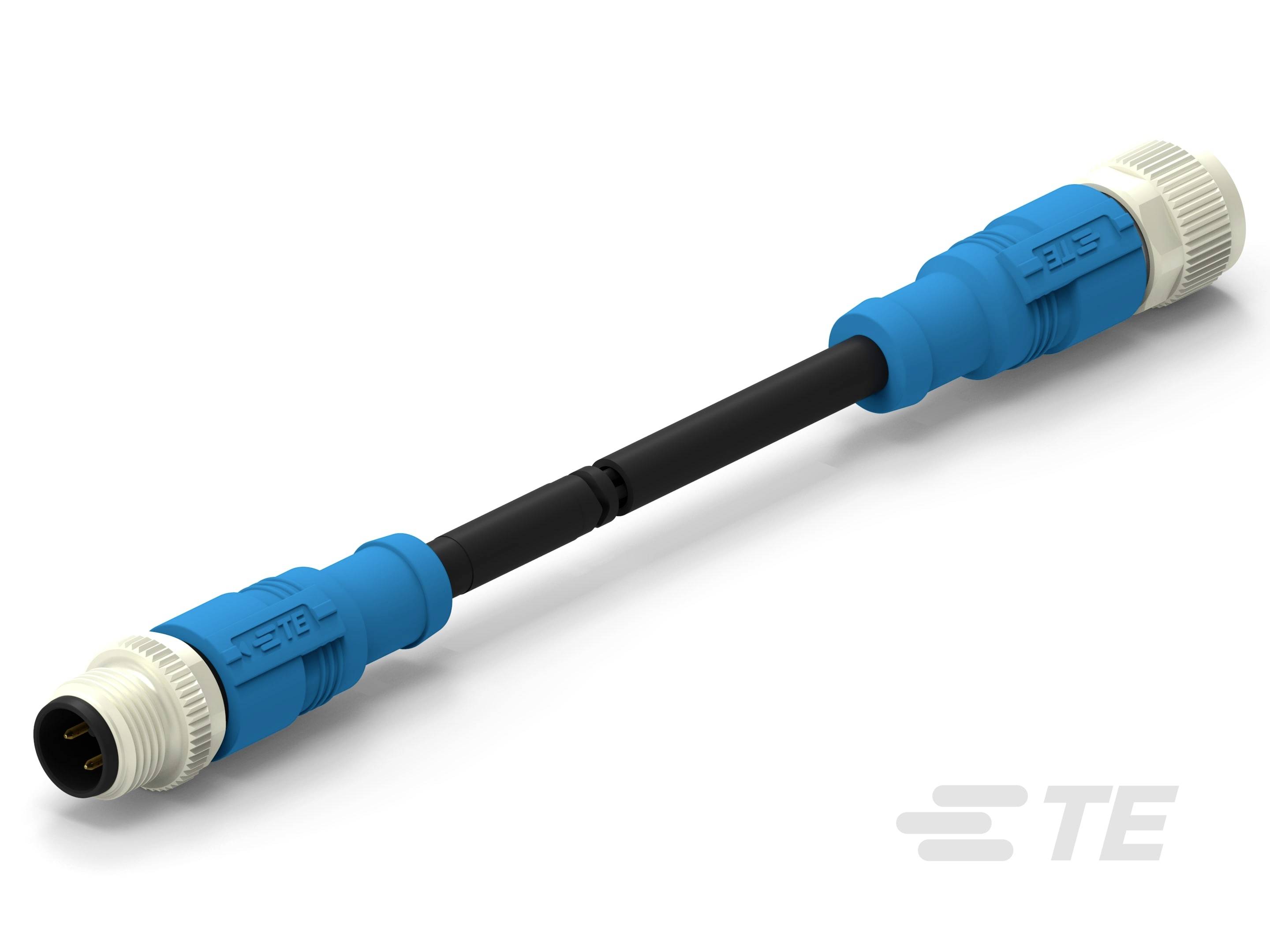 Modra kabel s belima vtičema na obeh koncih, znamke TE Connectivity.