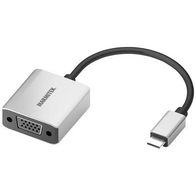 Srebrn VGA-adapter s kablom, ki pretvarja priključek USB-C v VGA-vtičnico, primeren za monitorje ali projektorje.