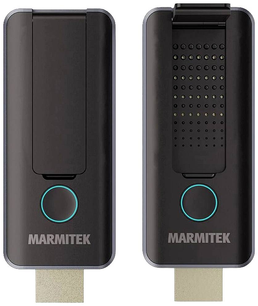 Dva črna Marmitek HDMI dongla z okroglimi gumbi in LED obročastimi indikatorji, eden z zakrikim priključkom, drugi z odprtim priključkom.