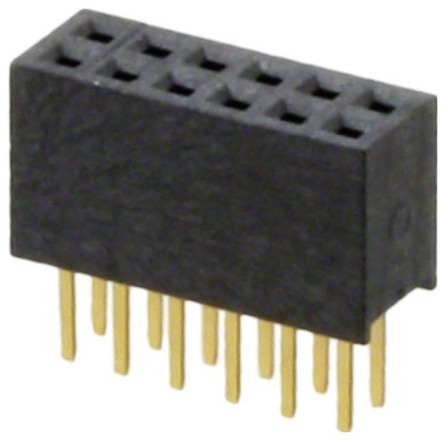 Črn, pravokoten konektor 2x6 z zlatimi kontakti, namenjen za elektronska vezja, prikazan iz kota, ki prikazuje poravnavo kontaktov.