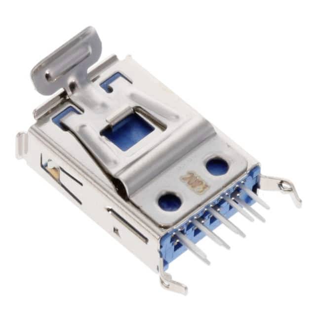 Srebrno ohišje USB priključka z modrimi plastičnimi deli in več kovinskimi priključki, ki se uporabljajo za povezovanje naprav.