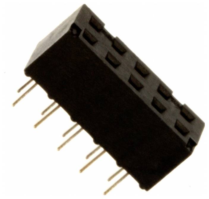Črna pravokotna elektronska komponenta z večimi kovinskimi zakovicami, ki štrlijo iz dna, namenjena vezjem.