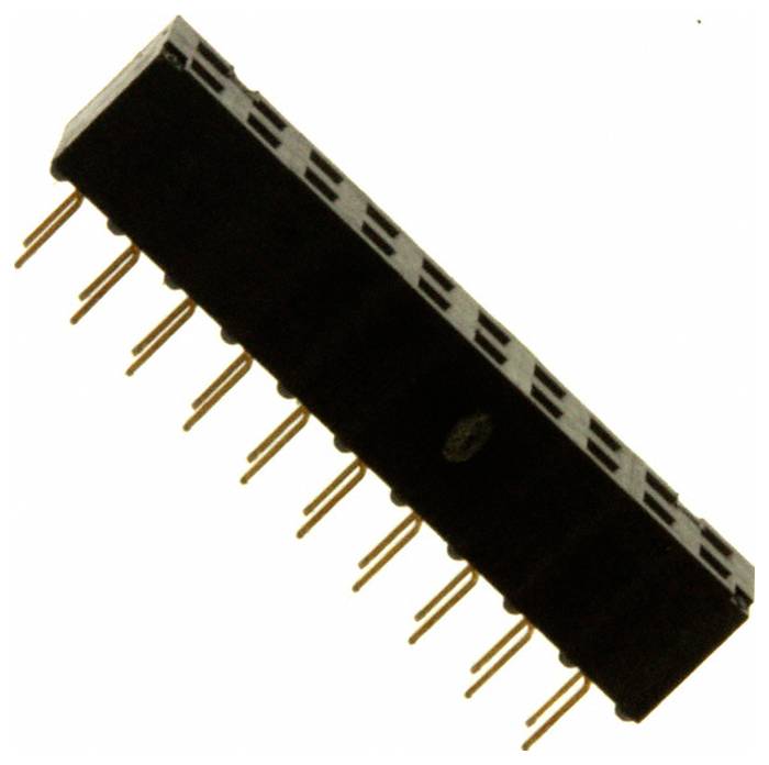 Črn pravokotni elektronski priključek z več zlatimi kontakti, ki se razširjajo z ene strani, običajno namenjen za povezovanje na tiskanem vezju.