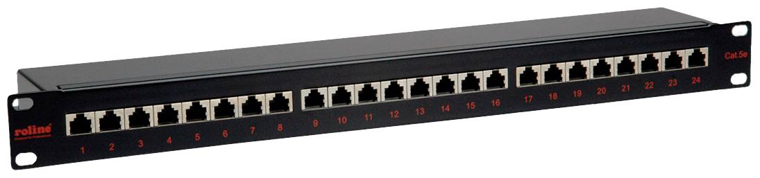 Patch panel s 24 RJ45 priključki, oštevilčenimi od 1 do 24. Primeren za omrežne povezave v ommarnih omaricah.