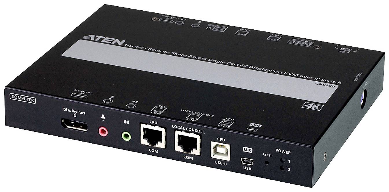 Črn KVM-over-IP-stikalo z vhodi in tipkami na sprednji strani, vključno z DisplayPort, USB in avdio priključki.