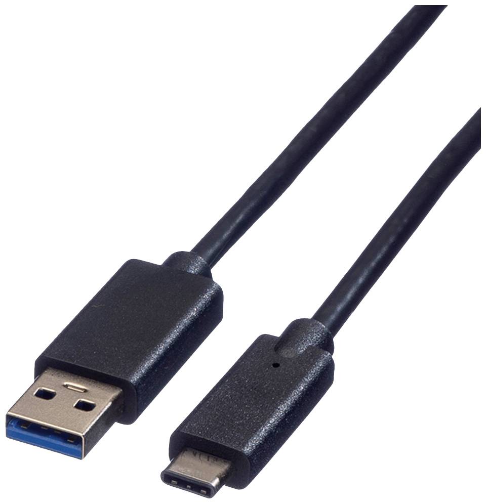 USB kabel z dvema priključkoma: levo USB-A, desno USB-C. Kabel je črne barve in služi povezovanju elektronskih naprav.