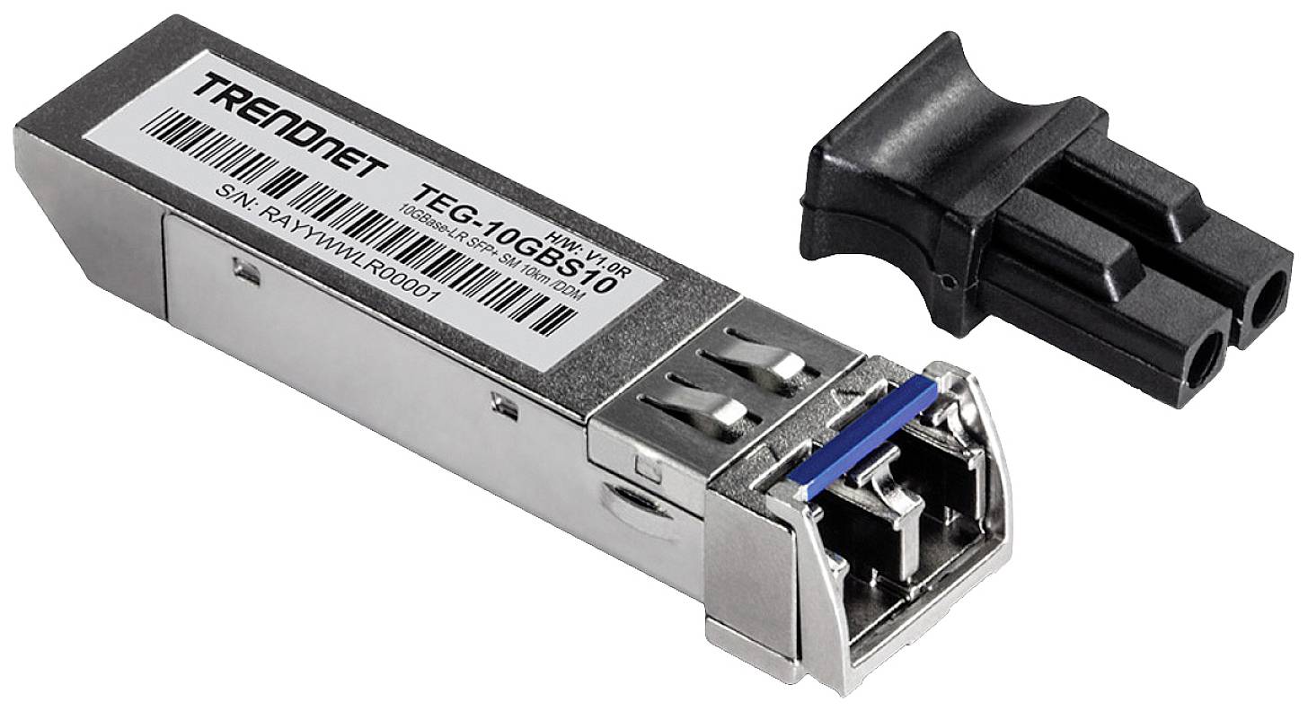 Srebrni SFP+ modul z napisom 'TRENDnet TEG-10GBS10' poleg črnega adapterja z dvema priključkoma.