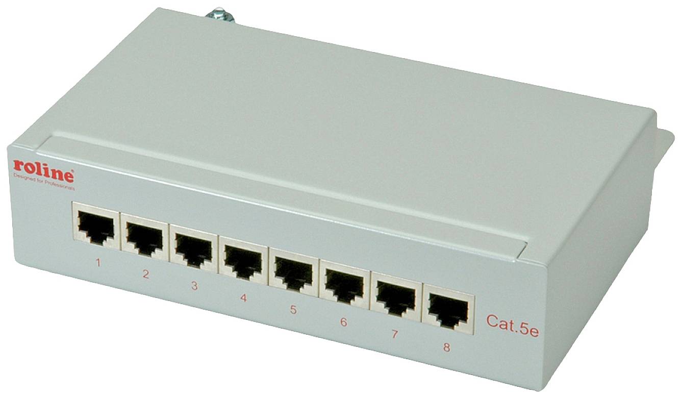 Siv omrežni switch z osmimi Ethernet vrati, oštevilčenimi od 1 do 8, v ohišju, označenem z 'roline Cat.5e'.