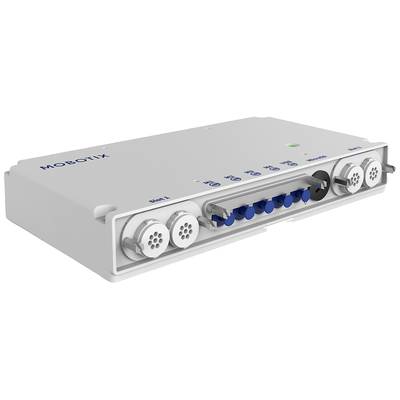 Bela elektronska naprava podjetja MOBOTIX z več priključki in LED-indikatorji, verjetno razdelilnik ali krmilna enota.