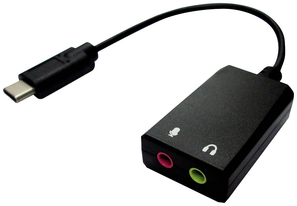 Zunanja USB-C zvočna kartica z enim kablom in priključki za slušalke (zelena) in mikrofon (roza). Primerna za računalniški zvok.