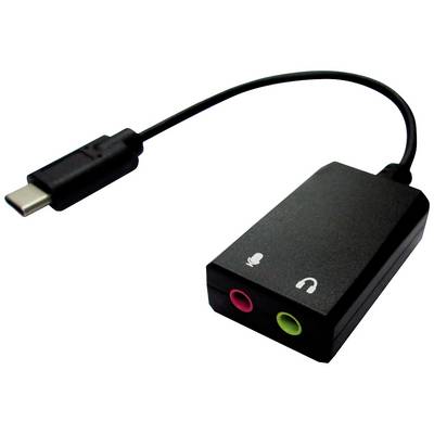 Zunanja USB-C zvočna kartica z enim kablom in priključki za slušalke (zelena) in mikrofon (roza). Primerna za računalniški zvok.