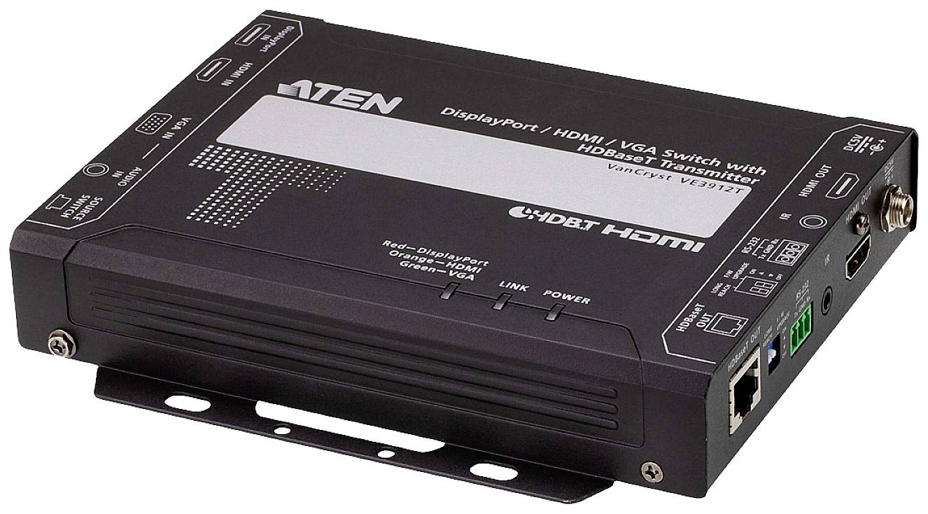 Črn DisplayPort/HDMI/VGA stikalni modul ATEN z HDBaseT oddajnikom, model VE2812T. Prenos video in avdio signalov na dolgih razdaljah.