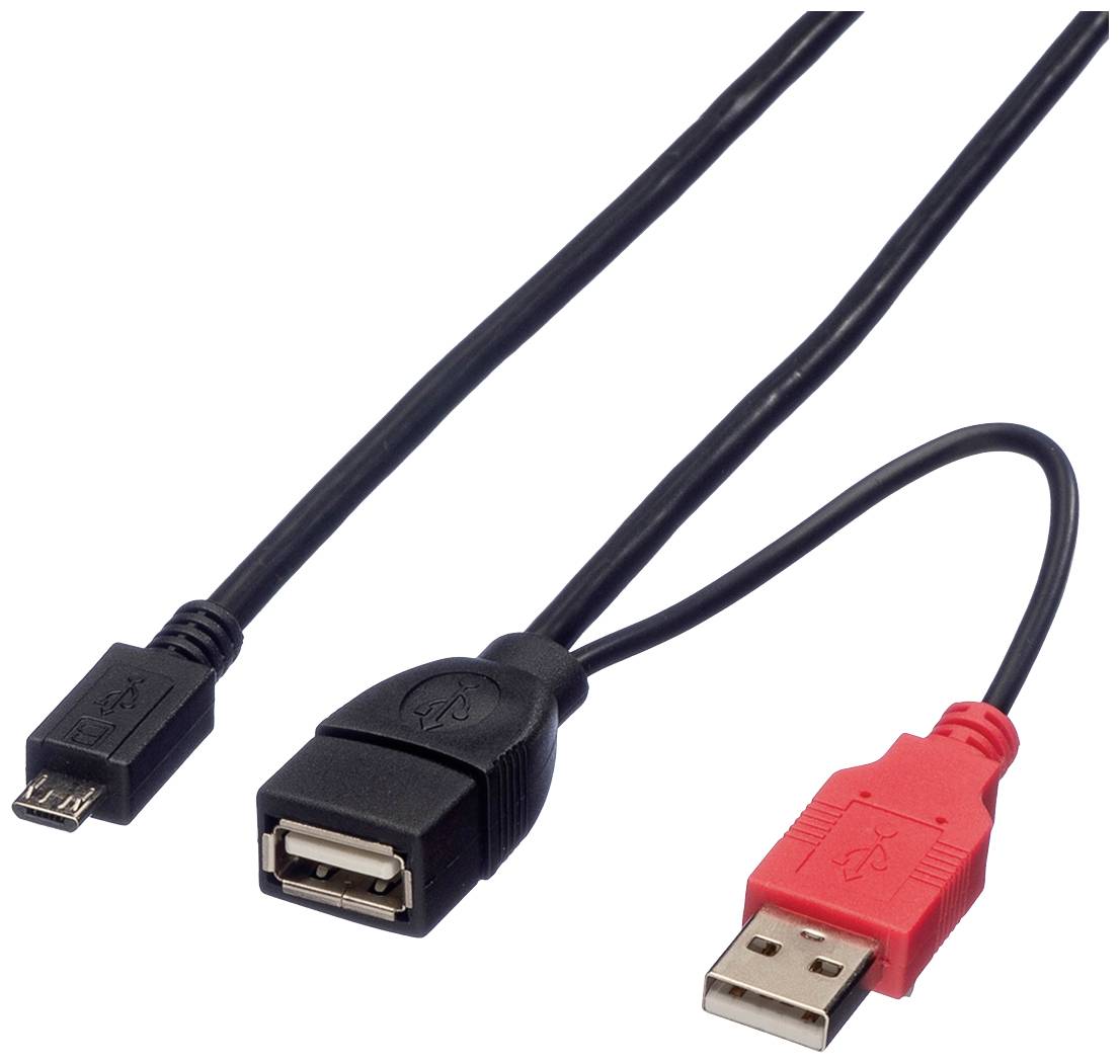 USB adapter kabel z črnim micro-USB vtičem, črno USB vtičnico in rdečim USB vtičem.