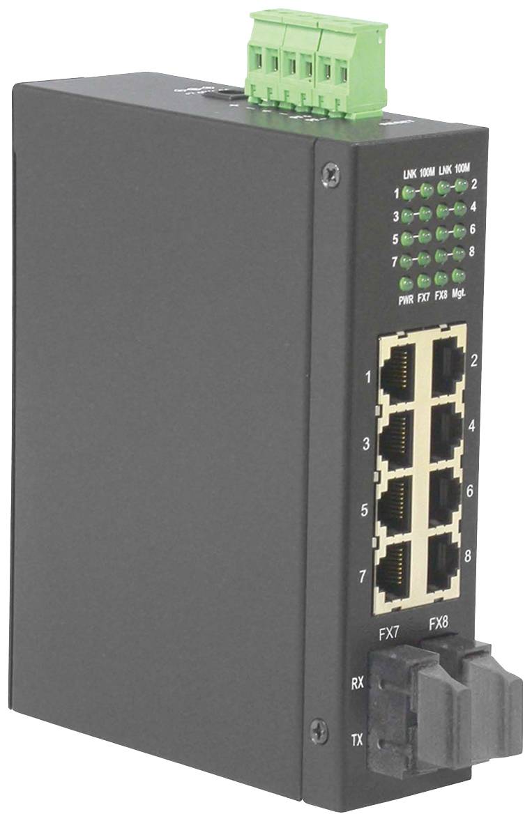 Črn omrežni switch z osmimi Ethernet-vrati in dvema optičnima portoma. Na vrhu so zelene LED-indikatorske luči.