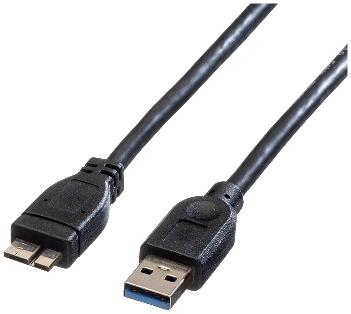 Črn USB-kabel z dvema različnima vtičema na konceh, USB-A vtičem in Micro-USB vtičem.
