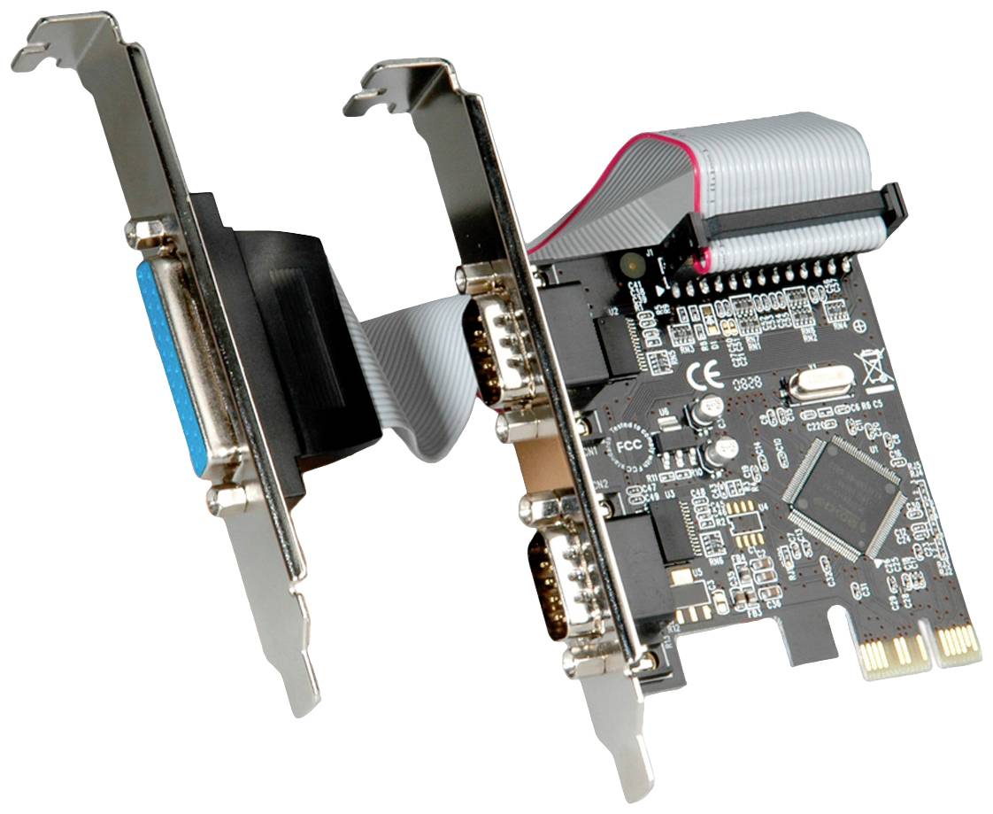 'PCIe razširitvena kartica z dvema serijskima priključnima ploščama in kabloma, primerna za integracijo v ohišja računalnikov.'