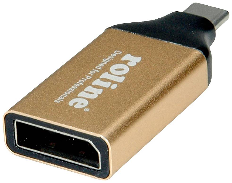 Zlat USB-C na DisplayPort adapter z belim napisom blagovne znamke.
