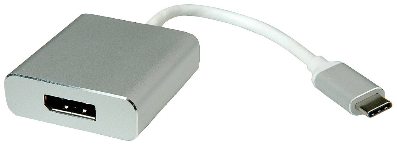 Srebrn USB-C-na-HDMI adapter s kratkim belim kablom. Primeren za priklop naprav USB-C na HDMI vhode.