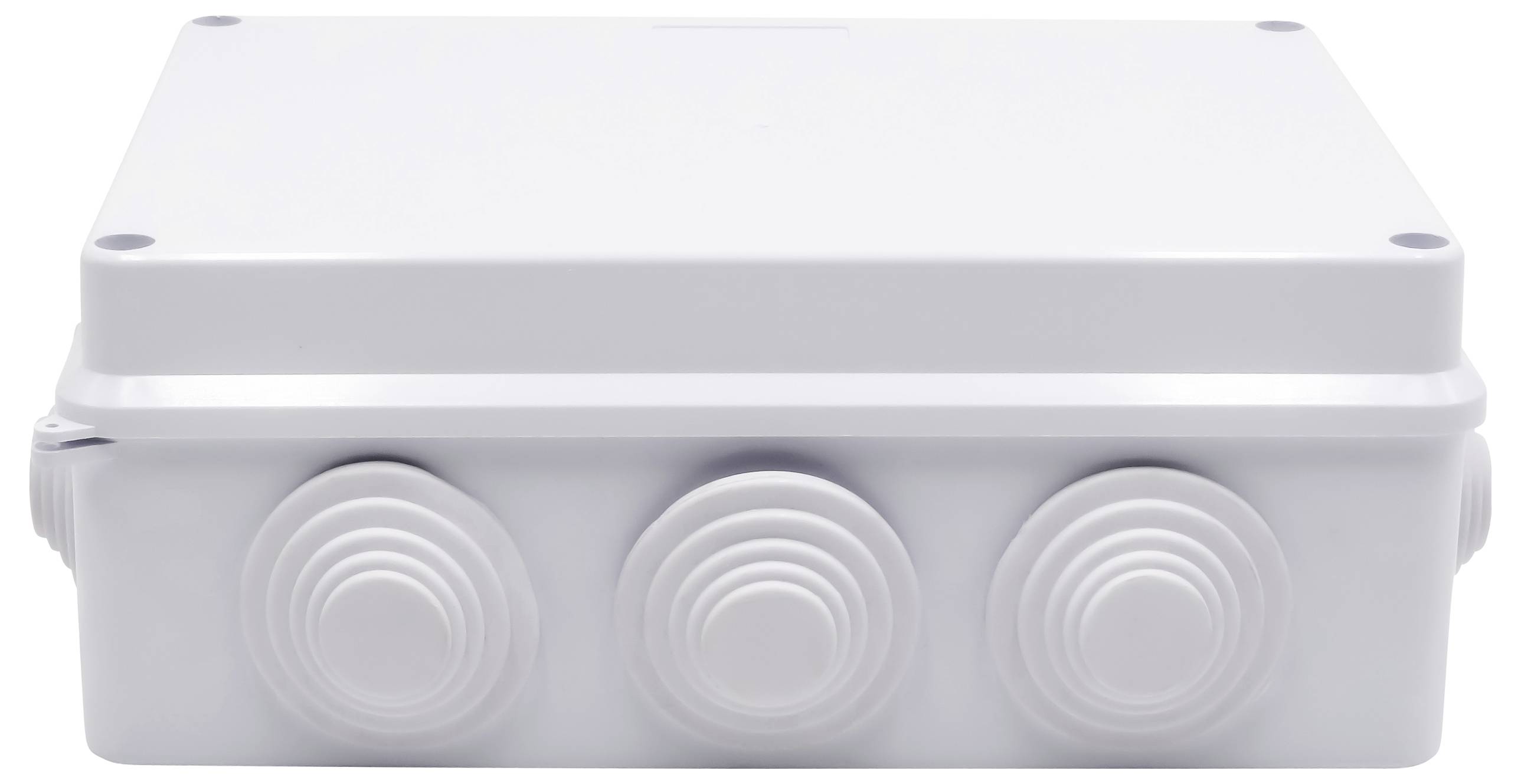 Bela, pravokotna razvodna doze iz plastike z večimi vhodi na sprednji strani za zaščito električnih povezav.