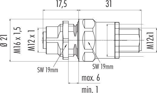 Tehnična risba vtikača z navojnimi merami: Ø21, M16 x 1,5 in M12 x 1. Skupna dolžina 31 mm, maksimalna globina 6 mm.
