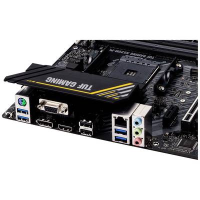 Del matične plošče računalnika z USB priključki, HDMI, VGA, Ethernetom in avdio priključki. Napis 'TUF GAMING' je viden.