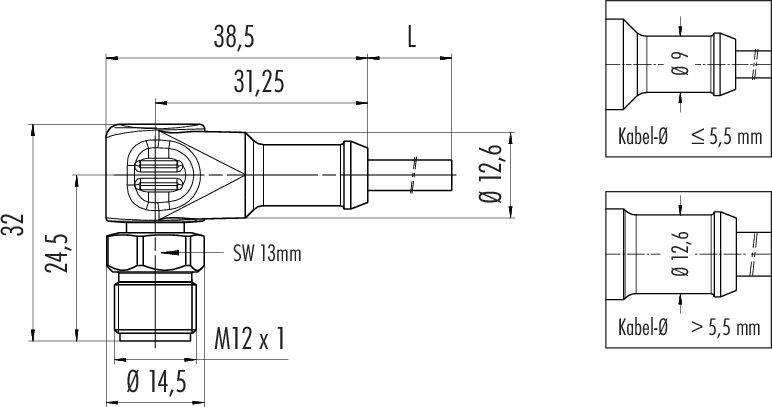 Tehnična risba konektorja z dimenzijami: celotna dolžina (L), premer 12,6 mm, navoj M12 x 1, SW 13 mm.