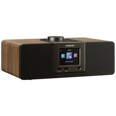 Leseno obloženo internetno radio z zaslonom, ki prikazuje simbole za izbiro postaj in predvajanje. Dva USB priključka spredaj.