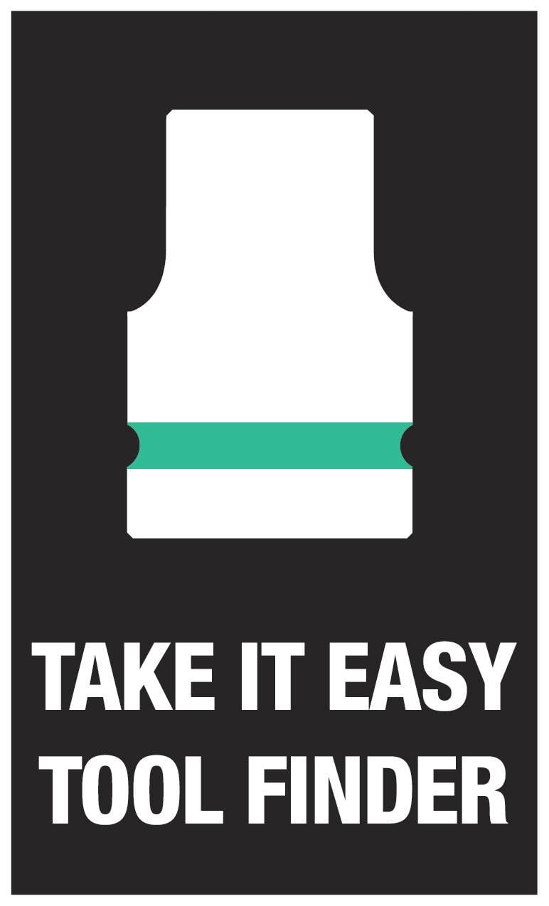 Slika prikazuje simbol orodja z napisom 'TAKE IT EASY TOOL FINDER' v črnem pravokotнiku.