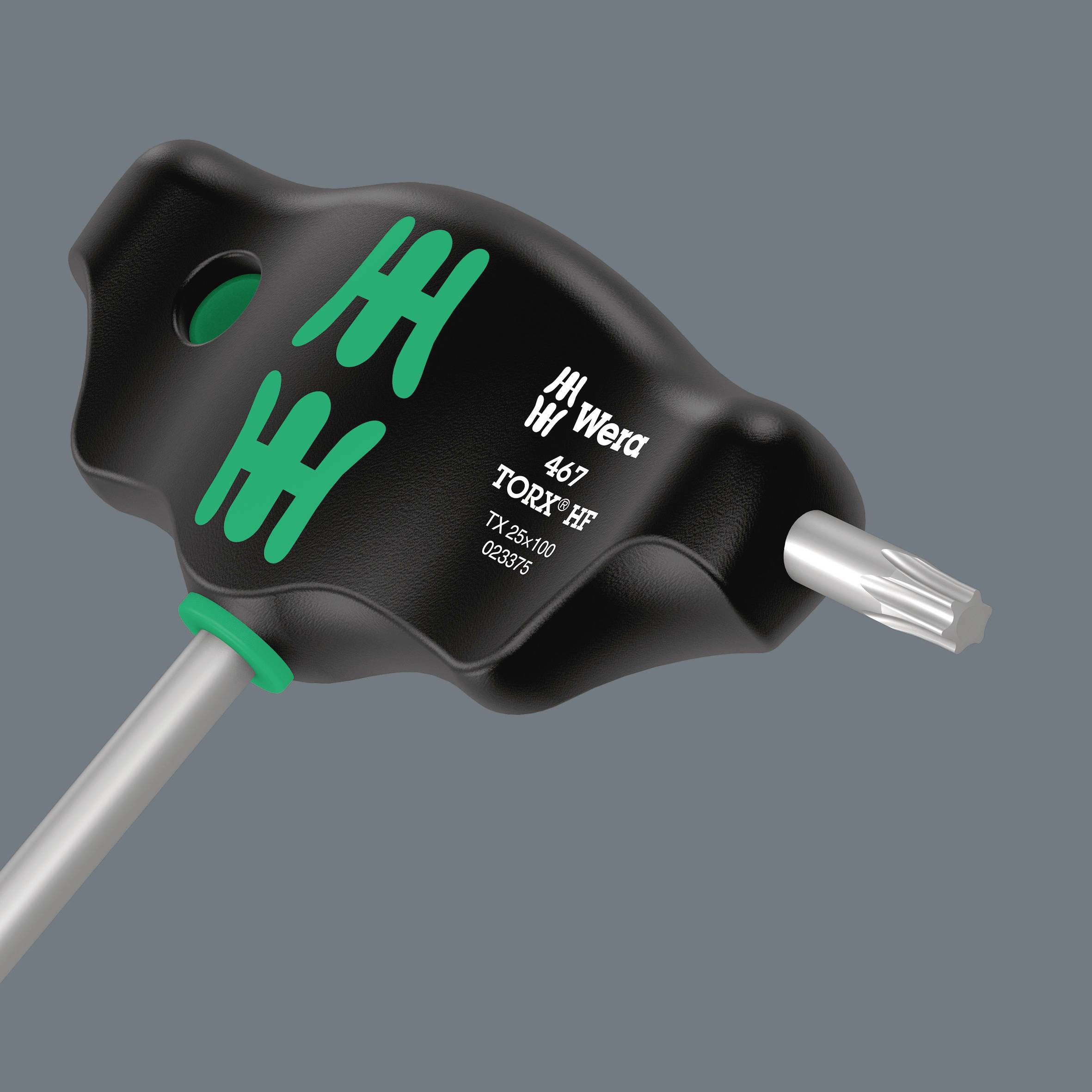 Torx izvijač z T-ročajem znamke Wera, model 'Torx HF TX 45 x 200'. Črn ročaj z zelenimi poudarki, na sivi podlagi.