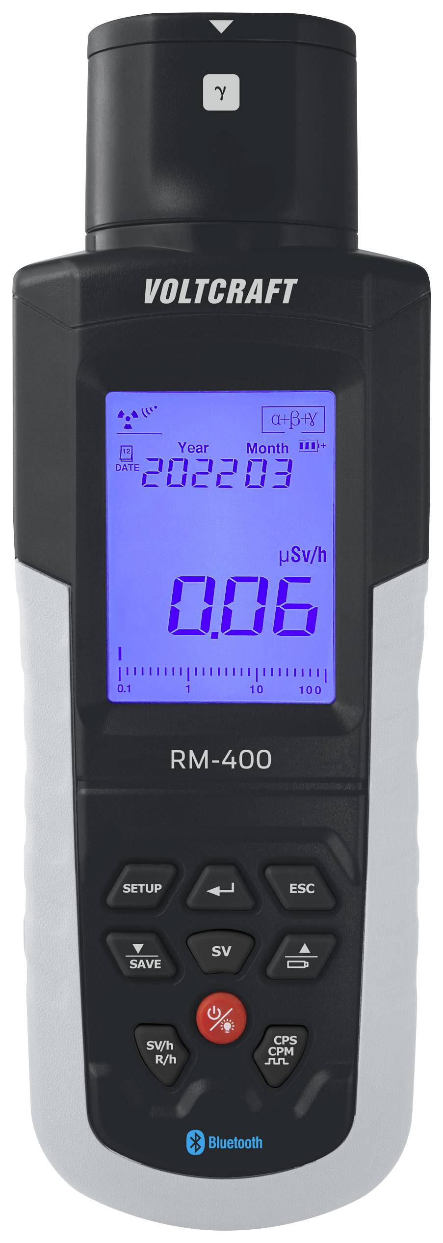 Ročni merilnik sevanja z zaslonom, ki prikazuje '0,02 µSv/h'. Zgoraj piše 'VOLTCRAFT RM-400'.