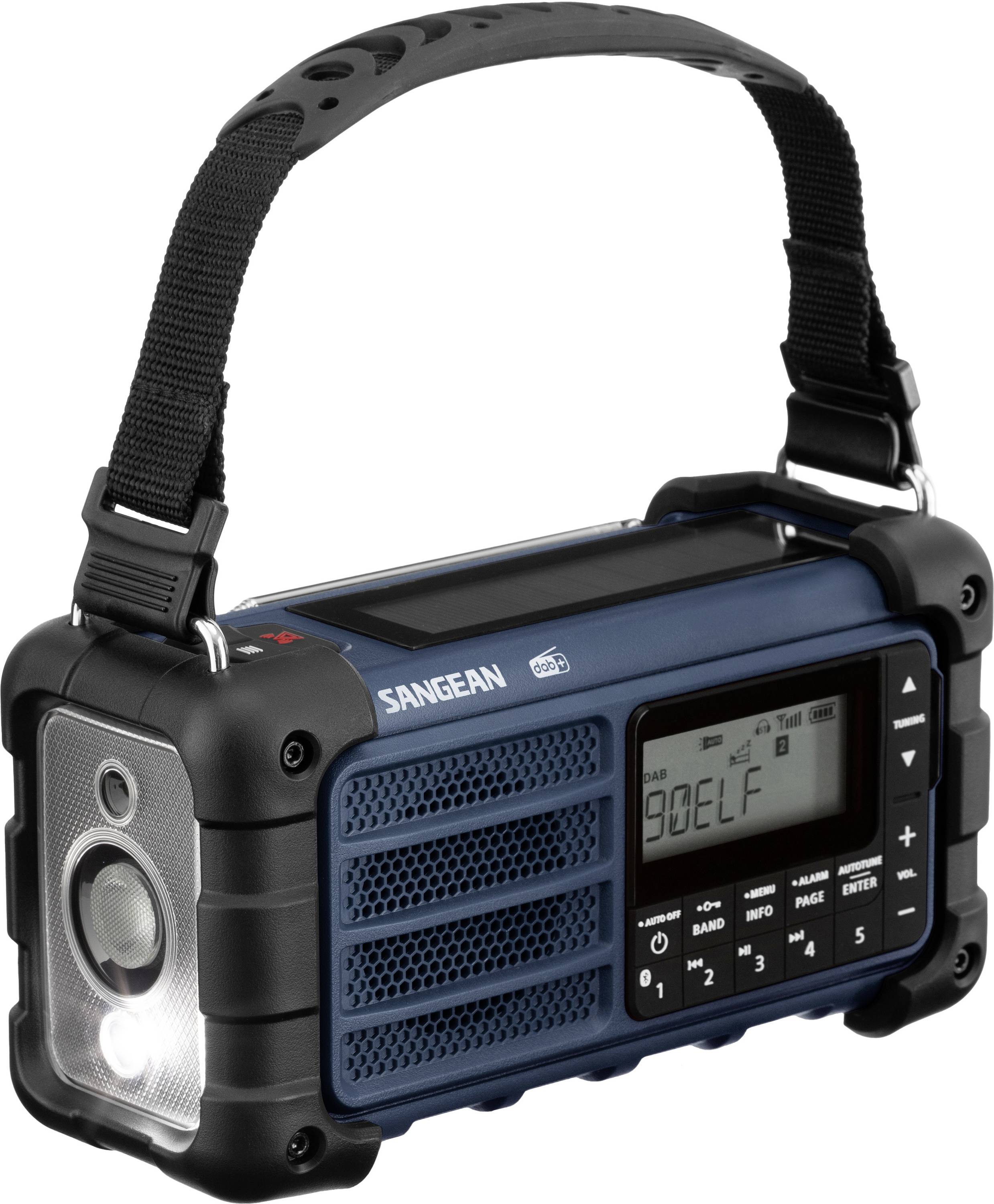 Prenosni radio z robustno zasnovo in vgrajeno lučko, idealen za aktivnosti na prostem.