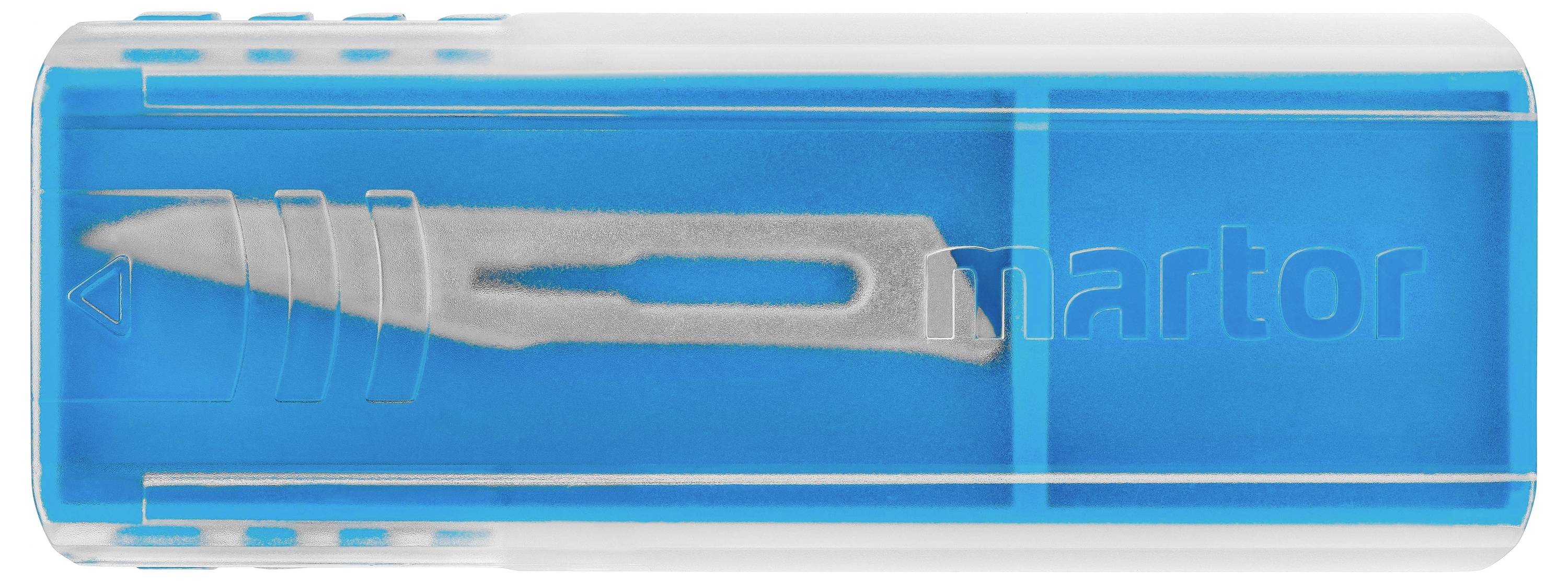 Nadomestni držač rezil iz modrega plastičnega materiala z oznako silhuete rezila. Primeren za varno shranjevanje rezil.