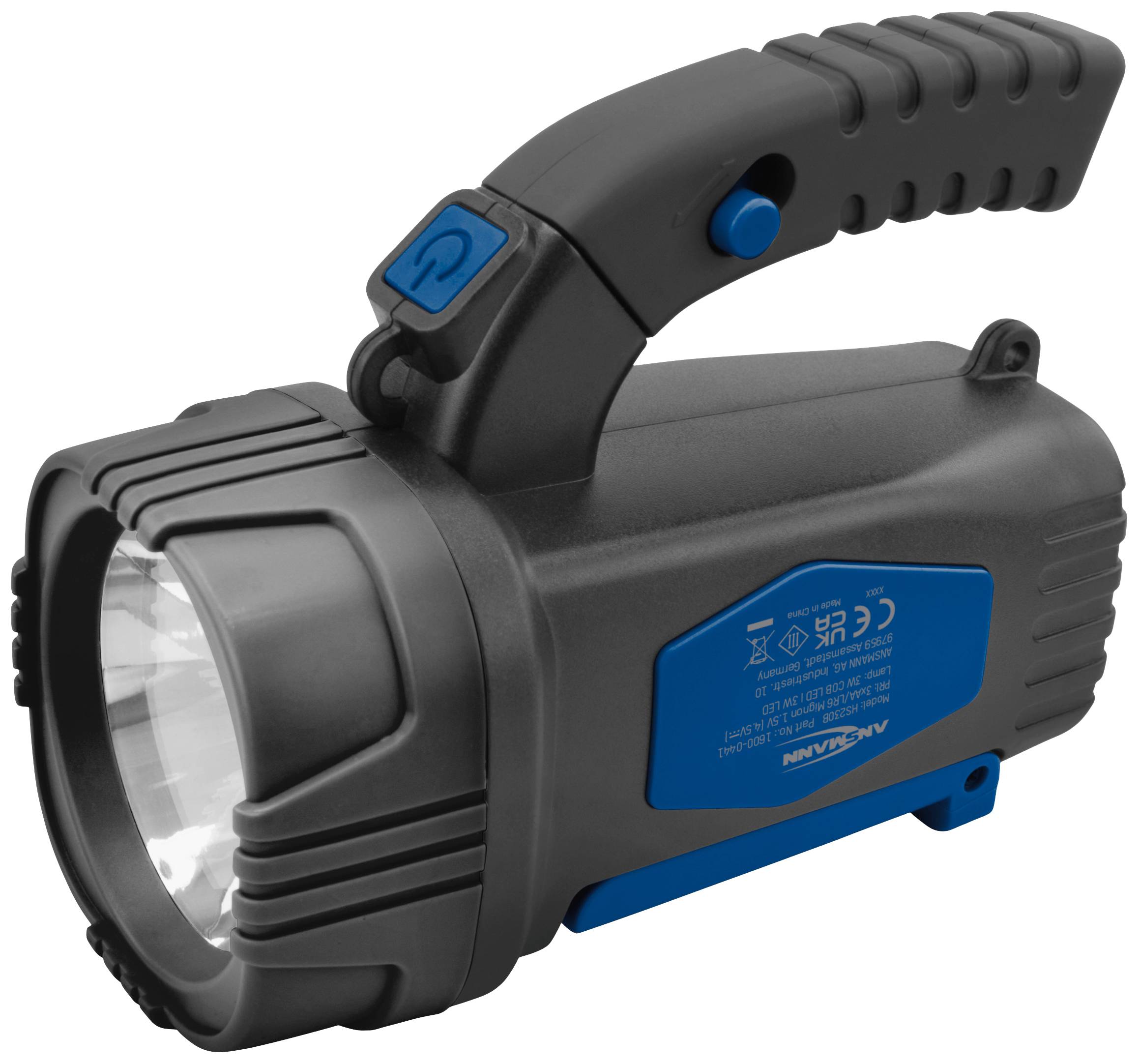 Črno-modra svetilka z ergonomskim ročajem in velikim reflektorjem, primerna za outdoor aktivnosti ali nujen primer.