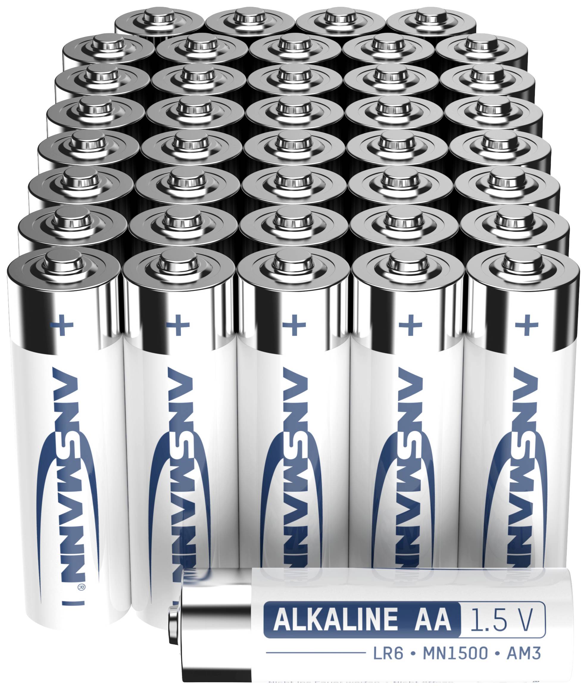 Kup alkalnih baterij AA z napisom 'ALKALINE AA 1.5 V'. Primerne so za običajne gospodinjske naprave.