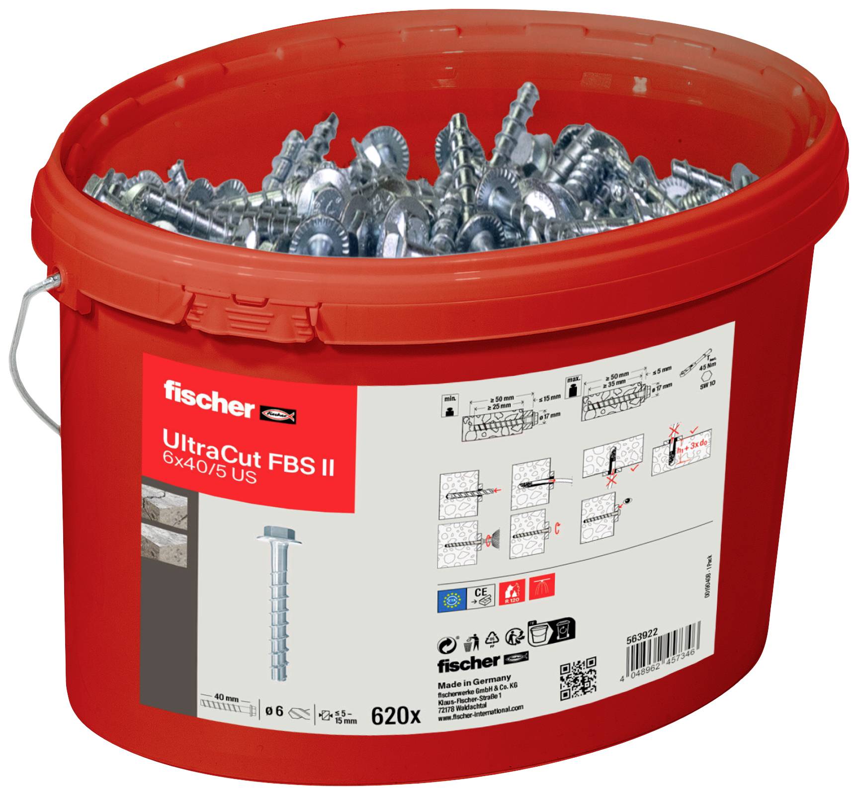 Rdeč vedro s 620 vijaki Fischer UltraCut FBS II, 6x40/5 US, prikazano z nalepko izdelka in podrobnostmi o uporabi.