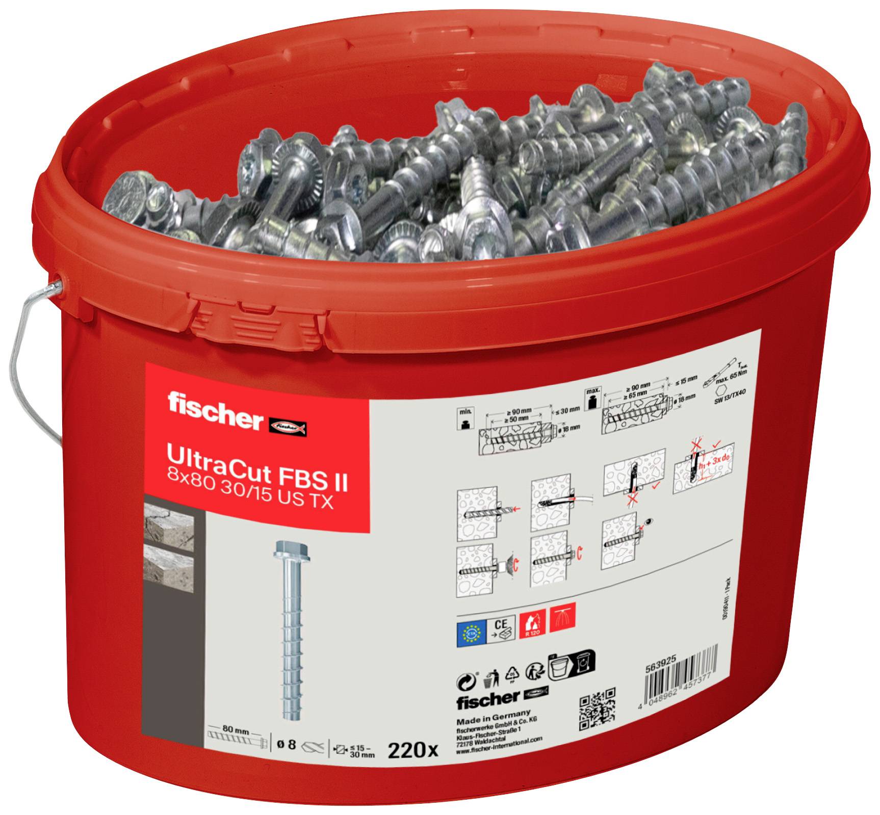 Rdeč vedro s 220 vijaki Fischer UltraCut FBS II, velikost 8x80 mm, z navodili in podatki o izdelku na etiketi.