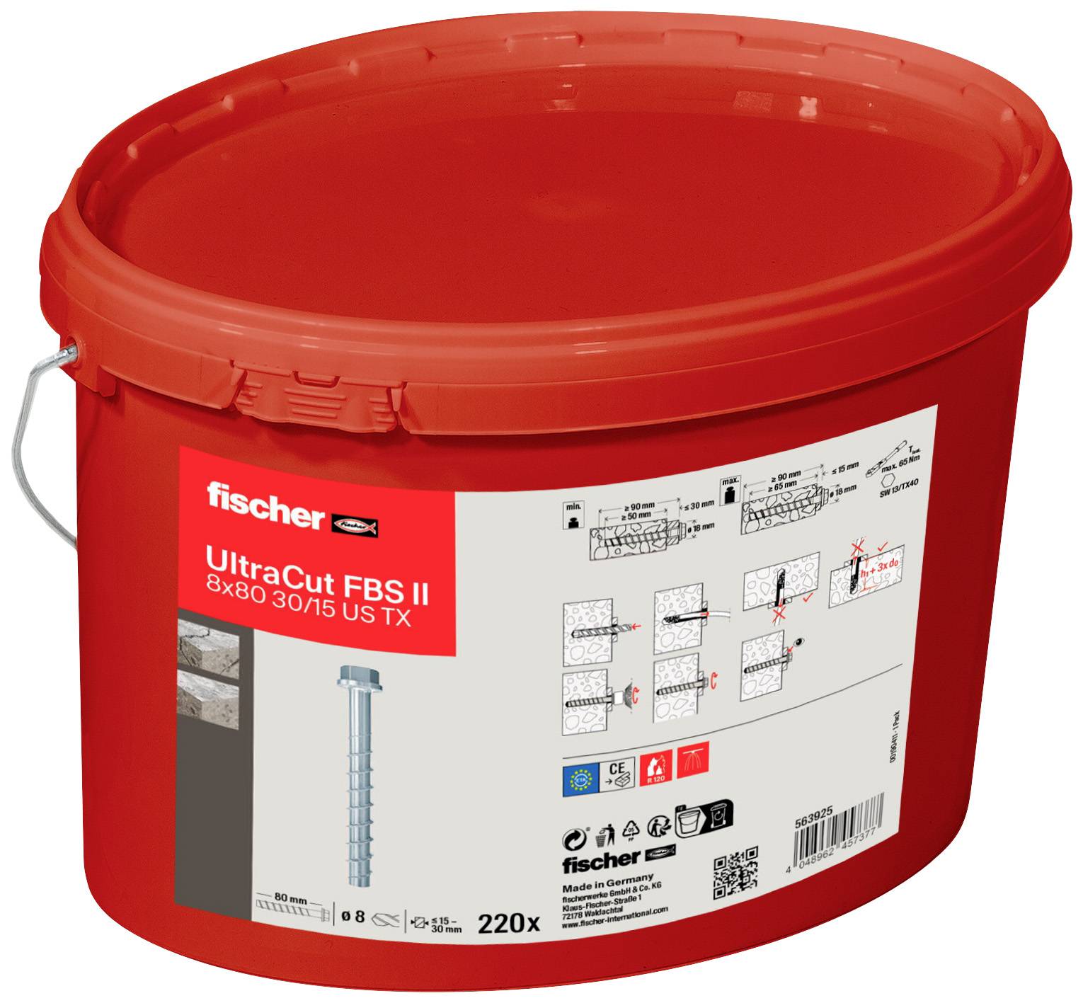 Rdeč vedro z napisom 'fischer UltraCut FBS II 8x80 30/15 US TX', ki prikazuje skico vijaka in navodila za uporabo.
