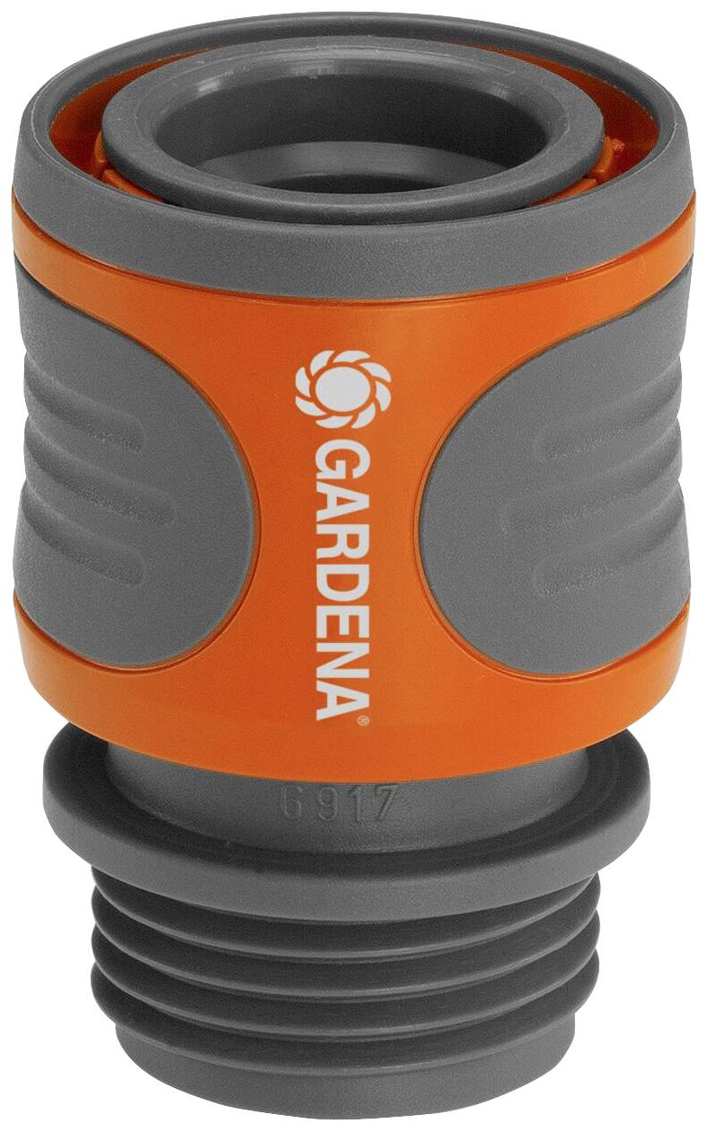 Na sliki je prikazan siv in oranžen cevni priključek znamke Gardena.