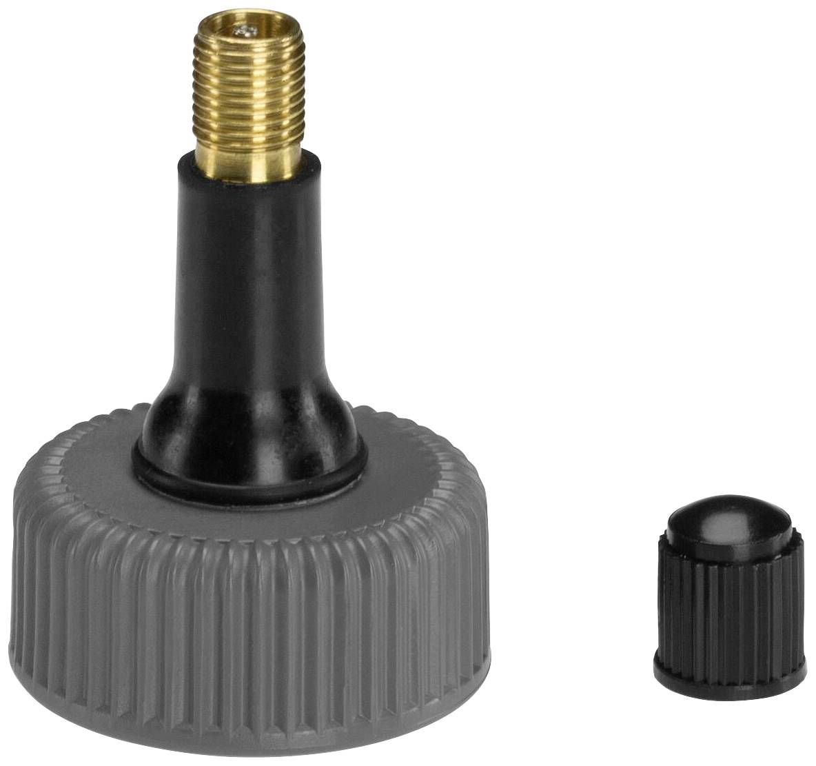 Sivi adapter ventila s pnevmatike z zlatim navojem in ustreznim zaščitnim pokrovčkom.