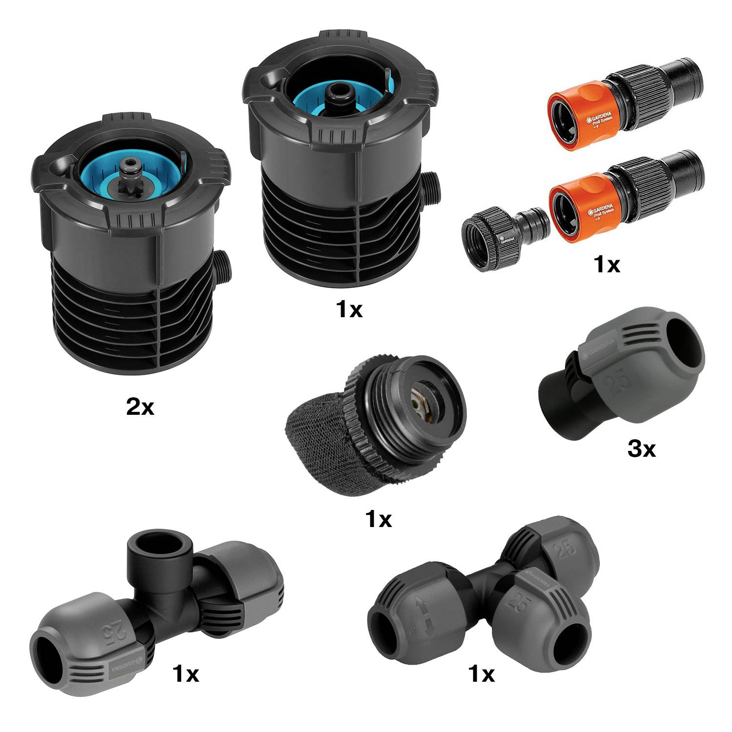 Slika prikazuje različne komponente za namakanje: dva ventila, T-kos, Y-kos, tri priključke in filter adapter.