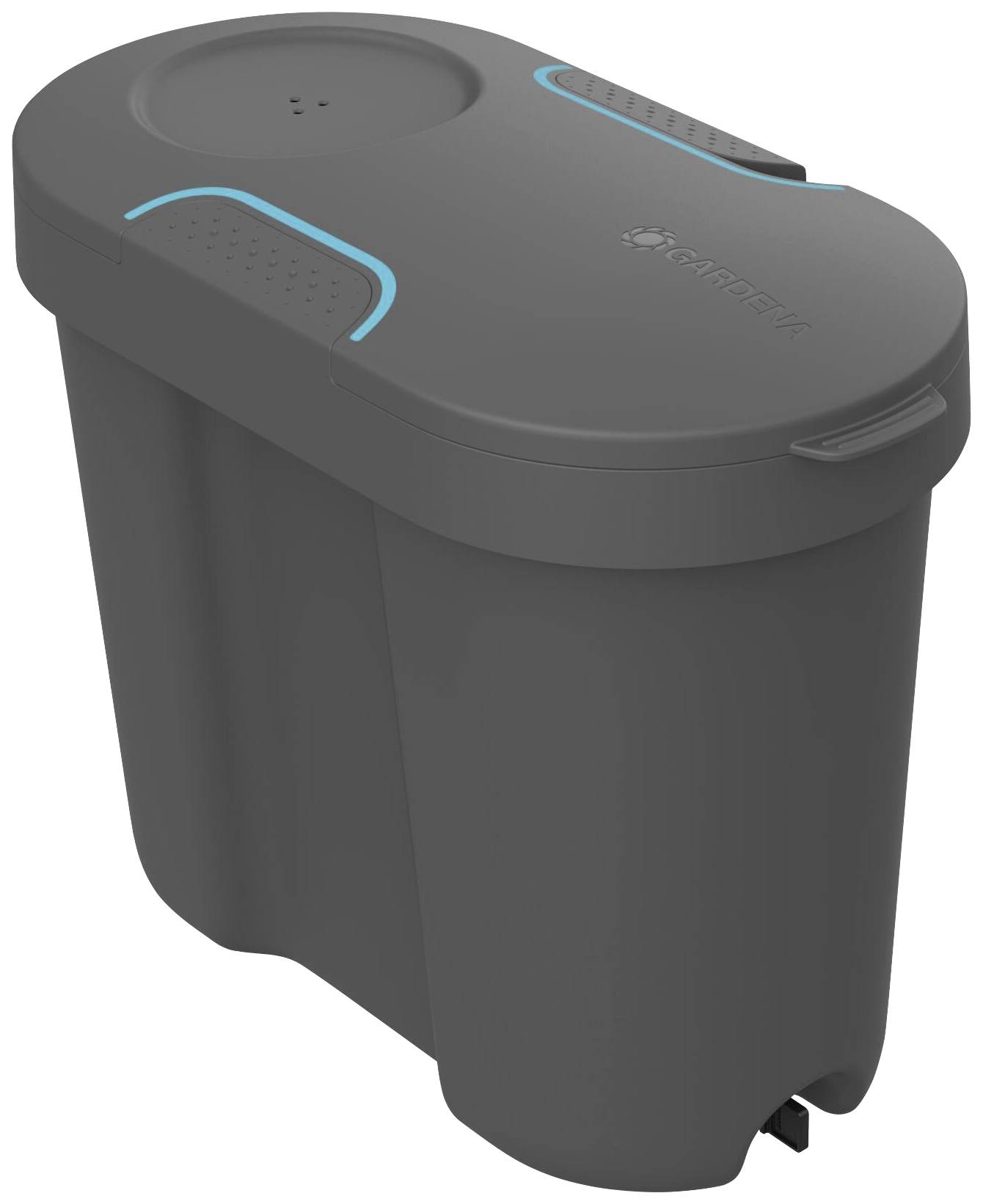 Siv vodni tank z modrim poudarkom in vgraviranim logotipom, primeren za namakanje, z okroglo pokrovko in stabilno zasnovo.