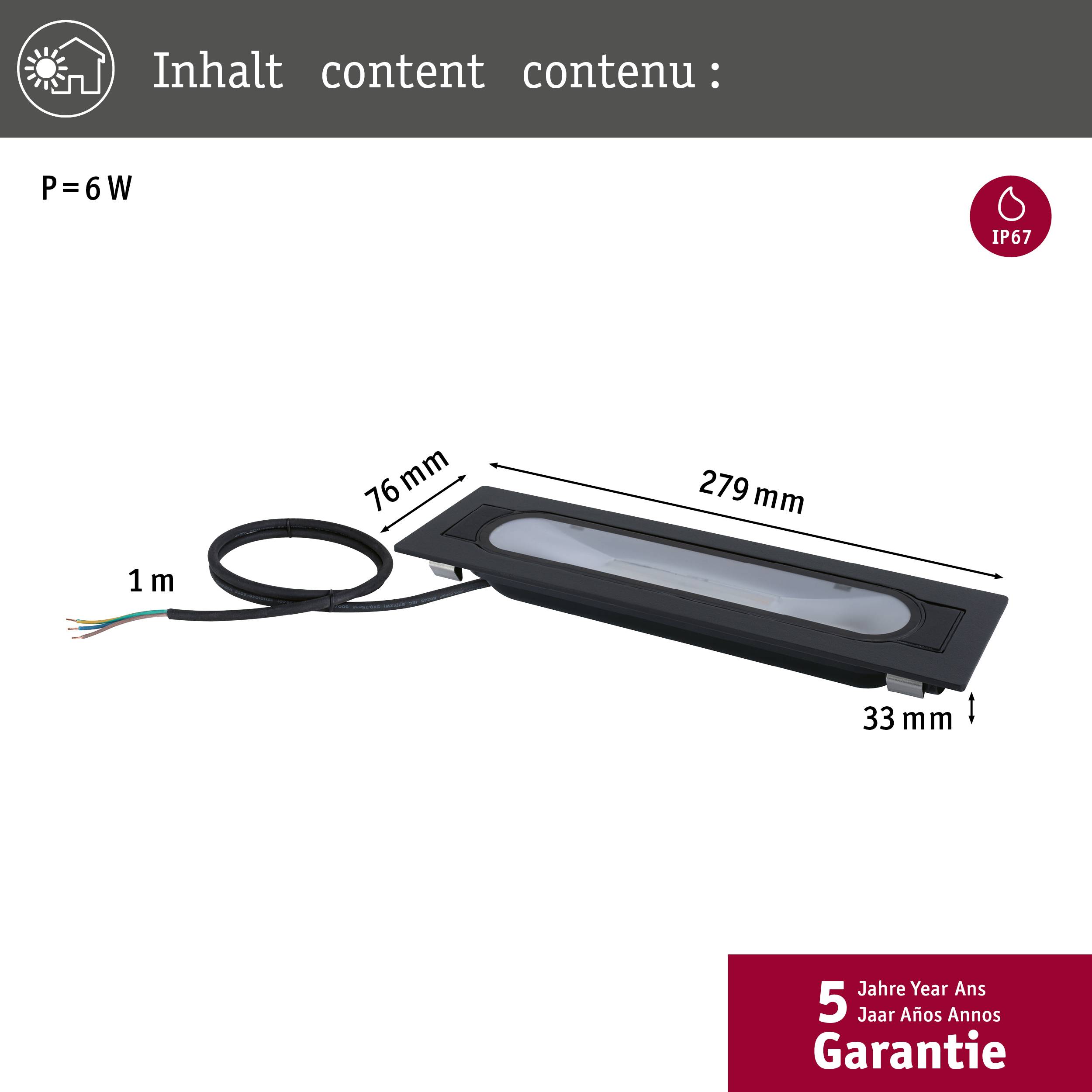 'Produktna slika pravokotne LED vgradne svetilke z dimenzijami 279x76x33 mm, zaščito IP67 in močjo 6W. Vključuje 5-letno garancijo.'